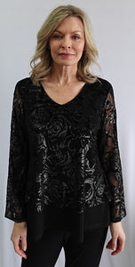 Black layered sweater, V-neck, long mesh sleeves, by Softworks #102003