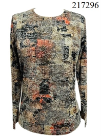 Orange on Earth Tone Print Crew Neck Long Sleeve Sweater by Beta's Choice #217296