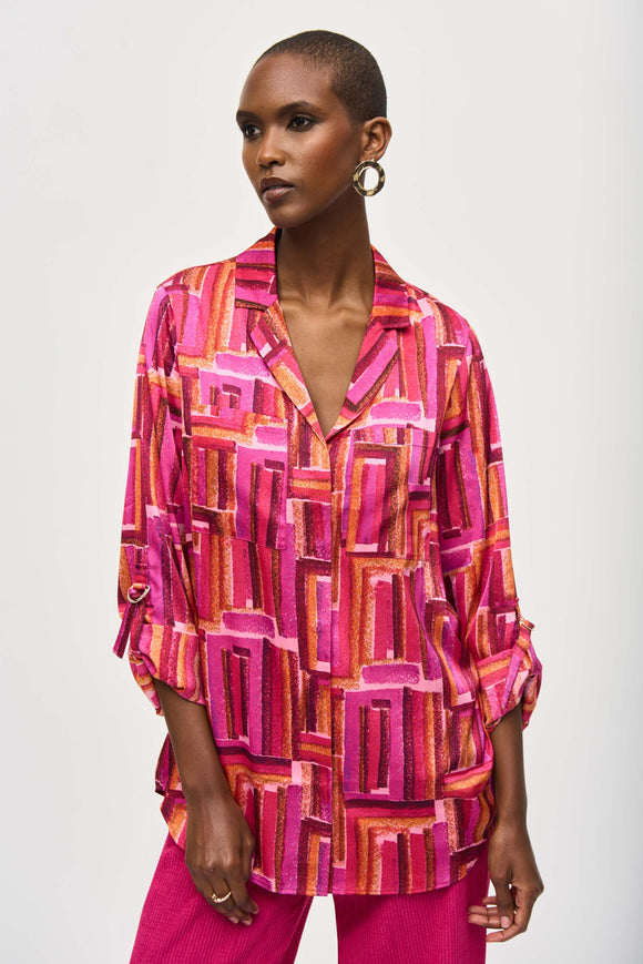 Buttoned blouse, satin, geometric print, by Joseph Ribkoff #243939