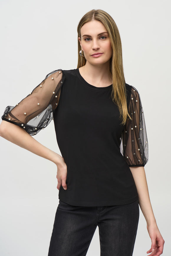 Silky knit top with embellished mesh sleeves, by Joseph Ribkoff #244153