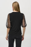 Silky knit top with embellished mesh sleeves, by Joseph Ribkoff #244153