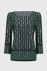 Silky knit top with green and black geometric print, by Joseph Ribkoff #244243