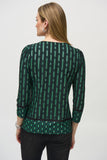 Silky knit top with green and black geometric print, by Joseph Ribkoff #244243