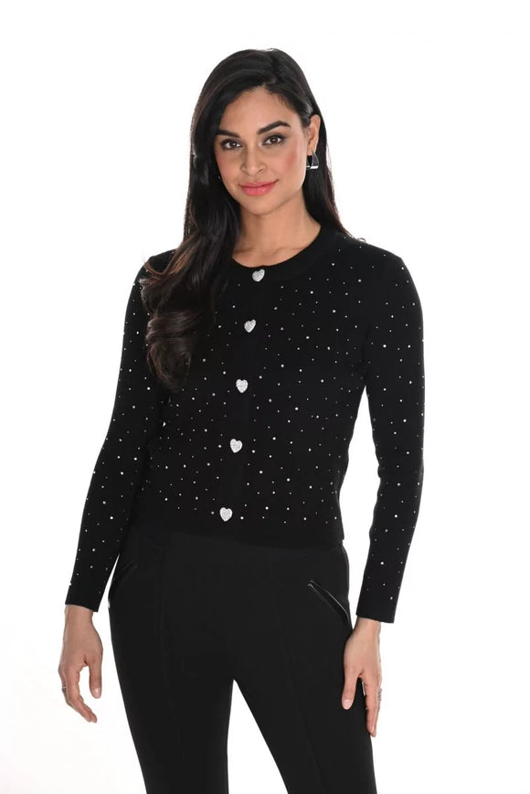 Cardigan noir et argent avec strass et boutons en forme de coeur, par Frank Lyman #244611U