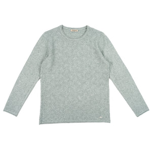 Grey crew neck sweater, long sleeves, tone-on-tone patterns on the front, by Tanmar #24563