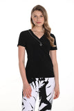 V-Neck Short Sleeve Knit Sweater with Heart Embellishment by Frank Lyman #256003