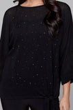 Black knit top, crew neck, 3/4 sleeves, glitter embellishments, by Compli K #33702