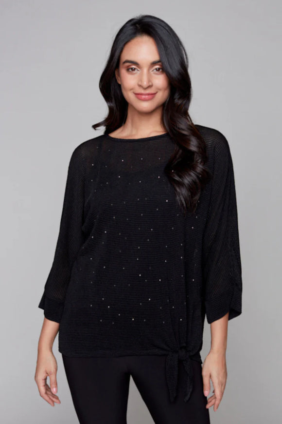 Black knit top, crew neck, 3/4 sleeves, glitter embellishments, by Compli K #33702