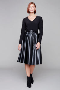 Black dress with V-neck, long sleeves, belt, vegan leather skirt, by Compli K #33721