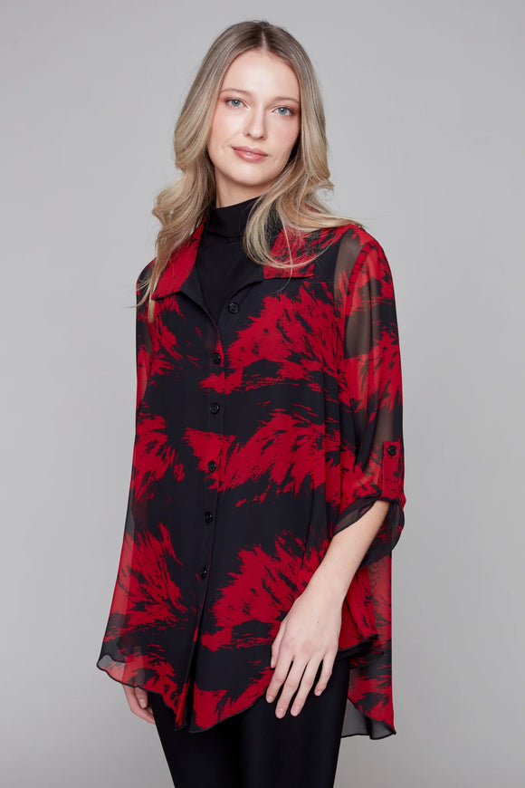 Blouse évasée, en maille, rouge et noire, col à revers et boutonnière, par Compli K #33724