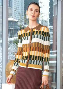 Cardigan with wide ribbed knit collar and geometric prints, by Alison Shéri #A44260