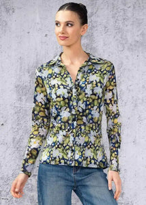 Mesh blouse, printed in shades of green, ivory and navy, by Alison Shéri #A44467