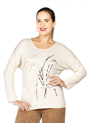 V-neck long sleeve sweater, solid with shimmering print, by Variations #C7120