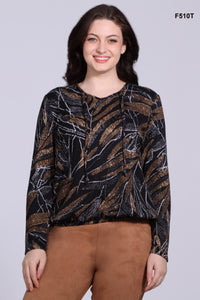 Crew neck sweater with decorative lace, copper leaf pattern, by Dévia #F510T