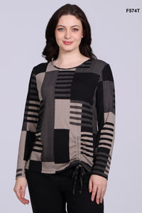 Crew neck sweater, black and taupe geometric prints, by Dévia #F574T