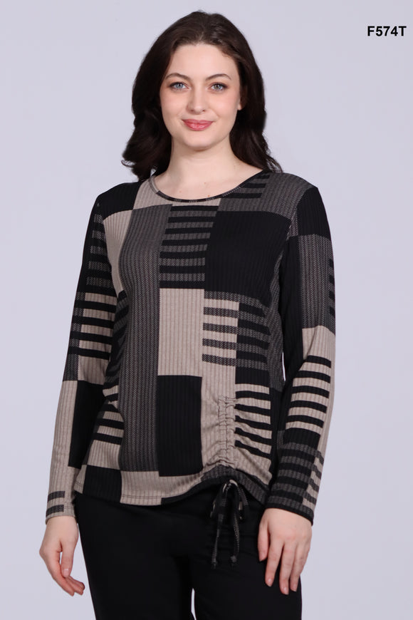 Crew neck sweater, black and taupe geometric prints, by Dévia #F574T