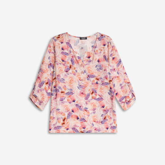 Pink Floral Patterned Sweater, V-Neck and 3/4 Sleeves, by Dévia #S390T